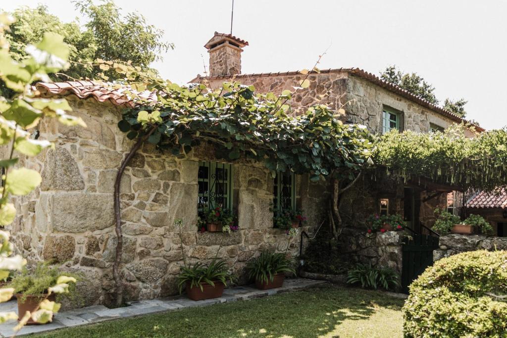 una vieja casa de piedra con plantas en el patio en Saramagoso, en Meis