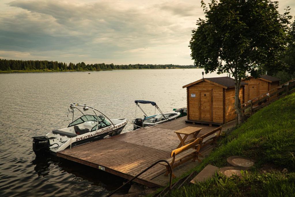 a boat is docked at a dock on a lake at Kupiškėnų Starkėnas in Palėvenėlė
