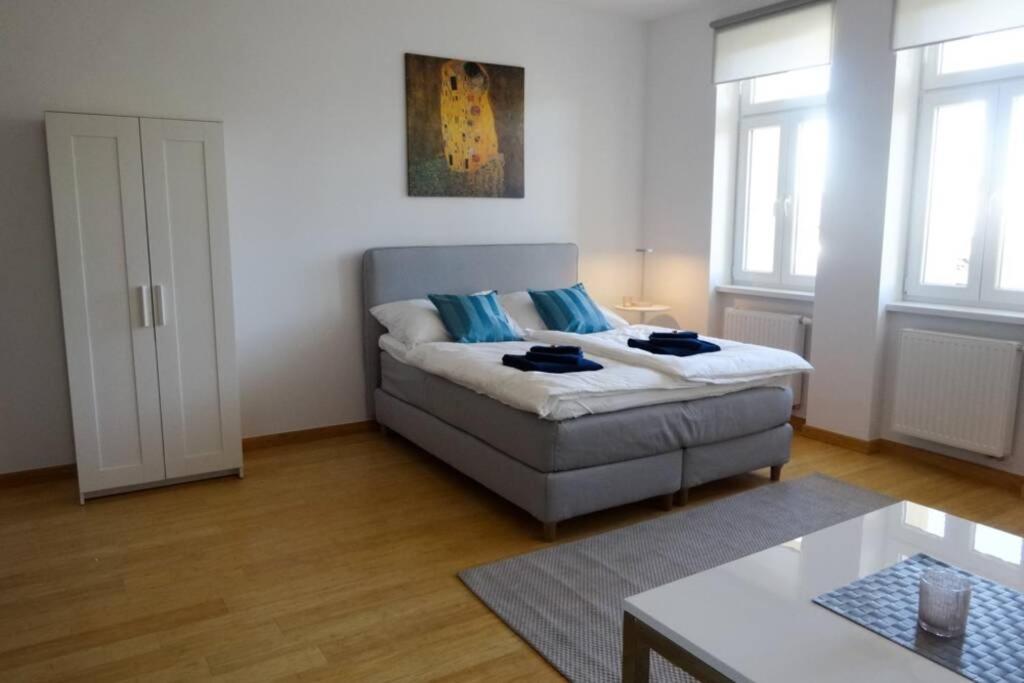 a living room with a couch and a table at Studio-Apartment between Schoenbrunn & the City Center (28) in Vienna