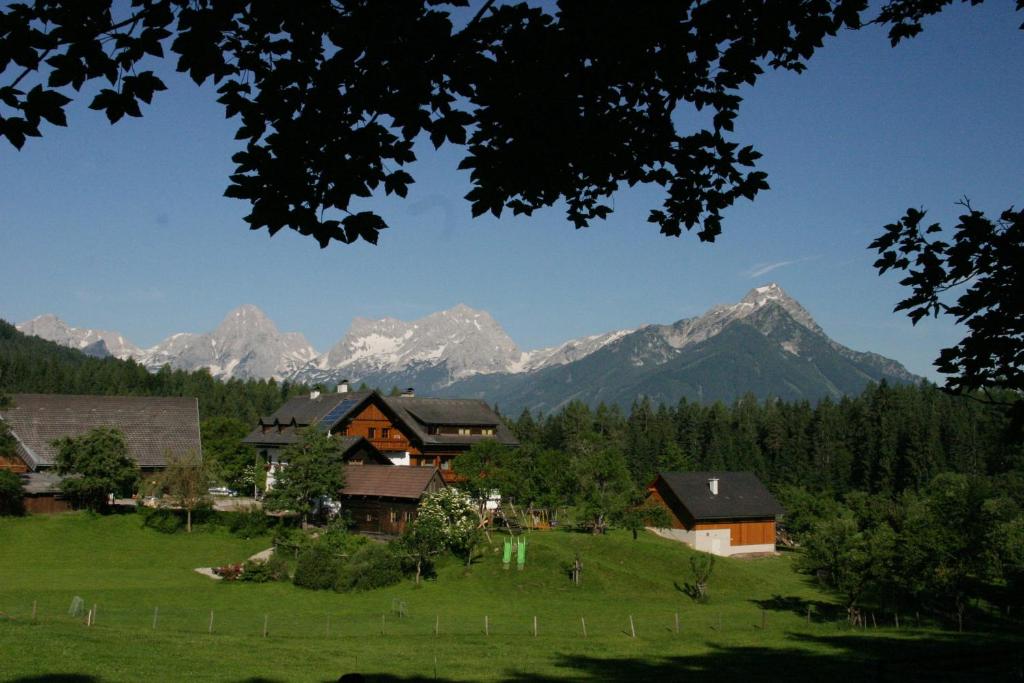 un campo con casas y montañas en el fondo en Ferienhof Grossgrub en Vorderstoder