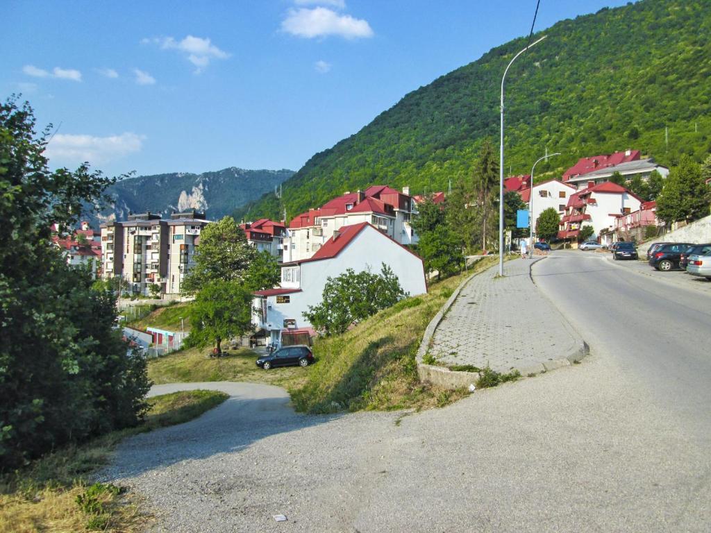 una strada in una piccola cittadina con una montagna di Guesthouse Mirkovic a Plužine