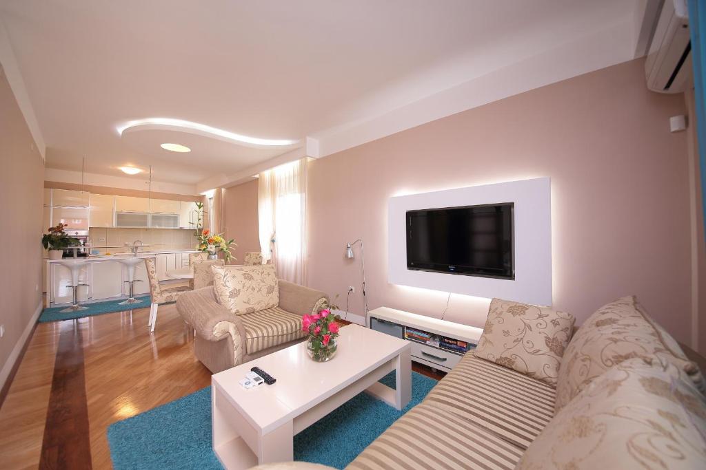 een woonkamer met een bank en een tv bij Apartments Aleksandra in Podgorica