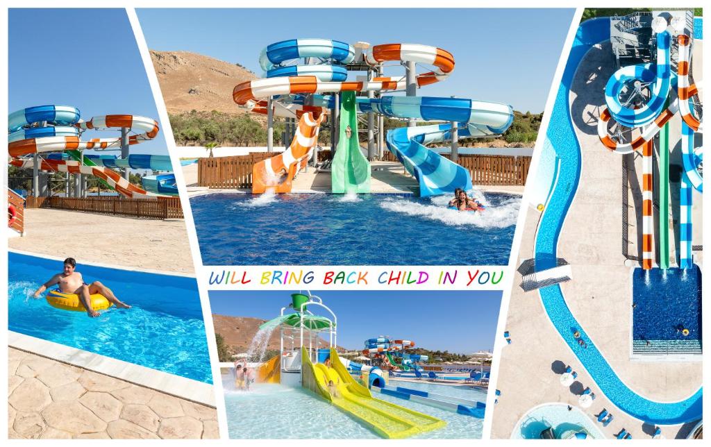 a collage of four pictures of a water park at Olive Garden Hotel in Lartos