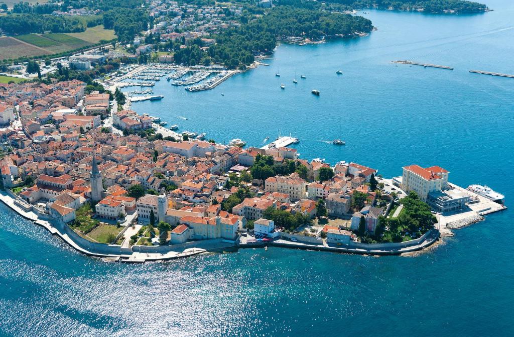 an aerial view of a small island in the water at Hotel Zorna Plava Laguna in Poreč