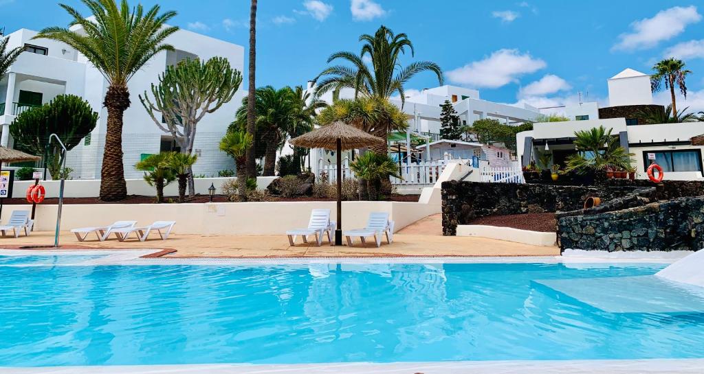 una piscina con sillas, sombrillas y palmeras en Luxury Sea Apartment Lanzarote PaLù Holiday House, en Costa Teguise