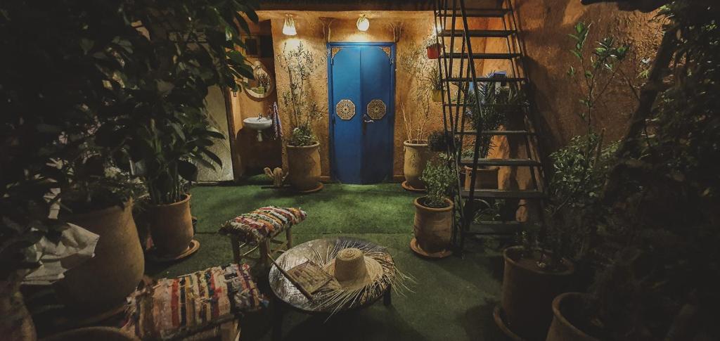 a blue door in a room with plants and a ladder at Be Nomad in Marrakech