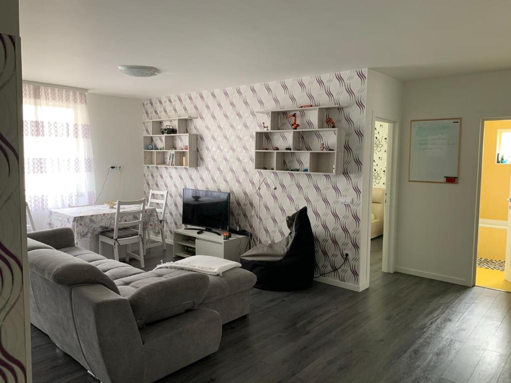 sala de estar con sofá y TV en Stefanos Apartament, en Baia Mare