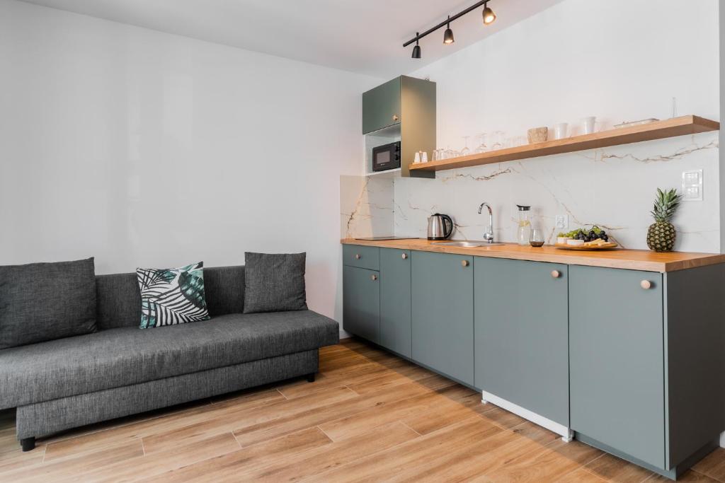 Compact modern kitchenette with matte green cabinets, wooden countertop, kettle, and adjacent dark gray sofa seating.