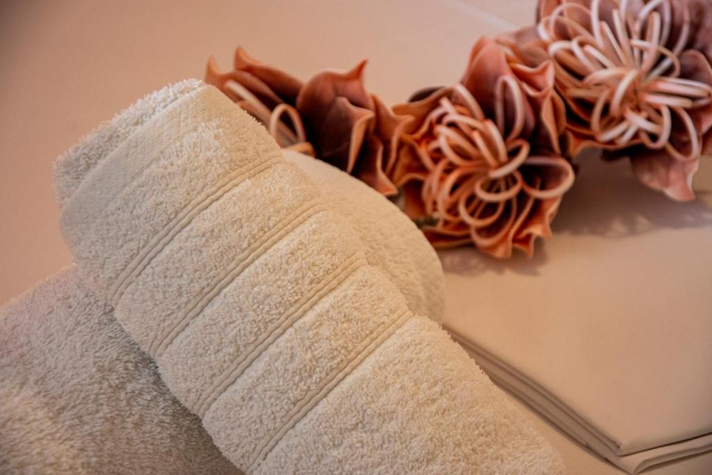 een rol toiletpapier naast een stapel spullen bij Irini Apartments in Kavala