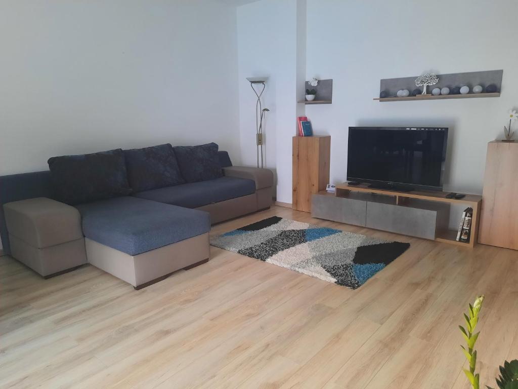uma sala de estar com um sofá e uma televisão de ecrã plano em Lívia Apartman Hévíz em Hévíz