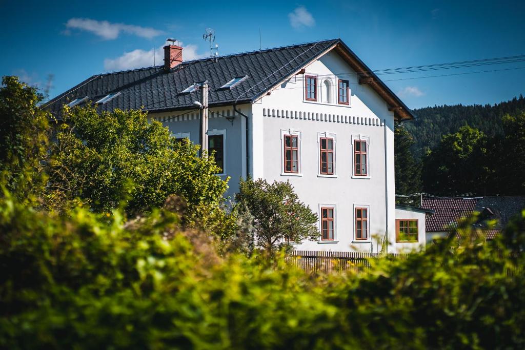 ein weißes Haus mit schwarzem Dach in der Unterkunft Penzion Johannes, Rýmařov - Stará Ves in Stará Ves