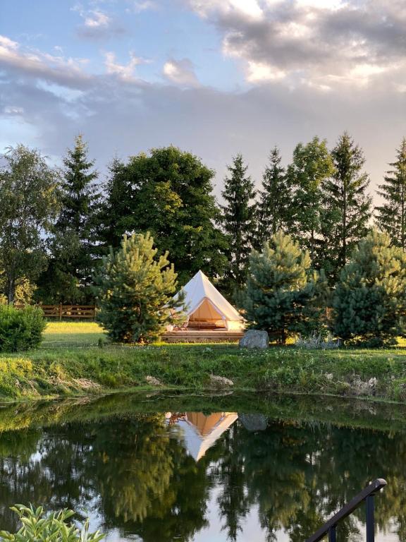 a tent in a field next to a lake at Casa de campo glamping in Eželiškės