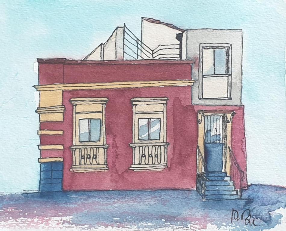 un dibujo de una casa roja con ventanas en La Casa di Luigi, en Catania