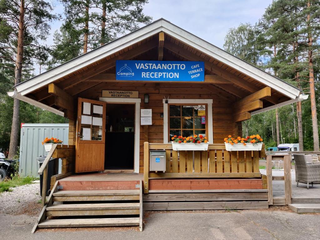 a church with a sign on the front of it at Camping Lappeenranta in Lappeenranta