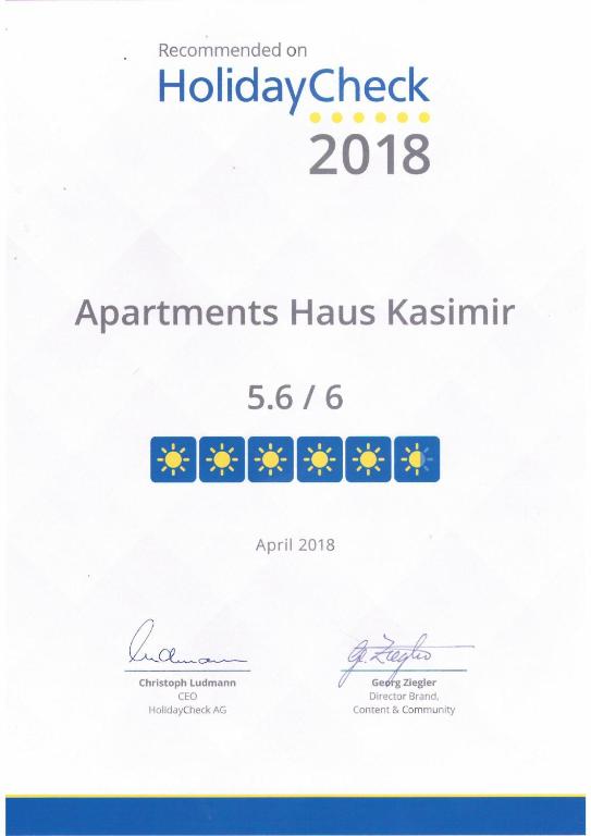 Certifikát, hodnocení, plakát nebo jiný dokument vystavený v ubytování Haus Kasimir