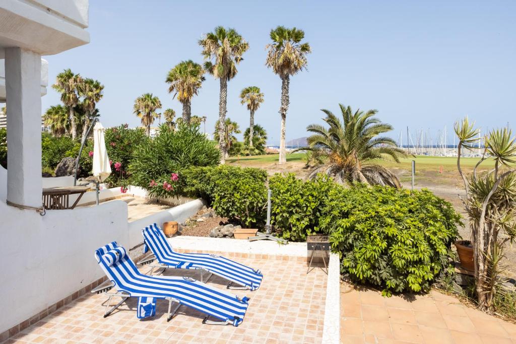2 sillas azules y blancas en un patio con palmeras en Calma House .Golf&Sail - Sea and port view, en San Miguel de Abona