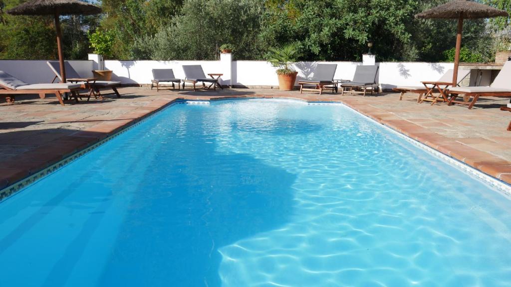 una grande piscina blu con sedie e ombrelloni di La Perla Blanca - Ronda a Ronda