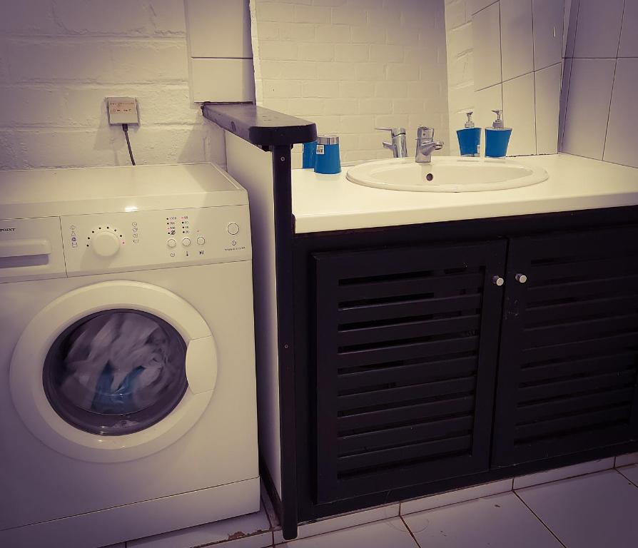 a bathroom with a washing machine and a sink at LÃCAZÈRĂ Sãfãrì in Mamoudzou