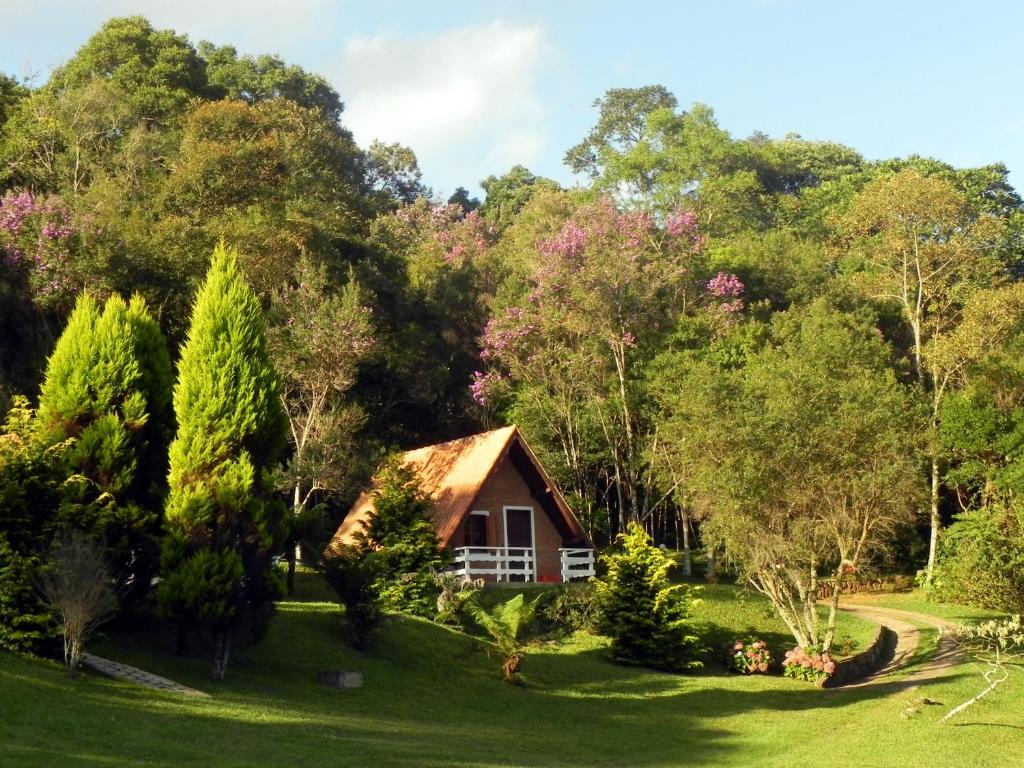 a house in the middle of a yard with trees at Chalés Fazenda das Samambaias in Monte Verde