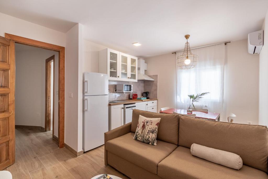 a living room with a couch and a kitchen at BnS Triunfo Centro Suites in Granada