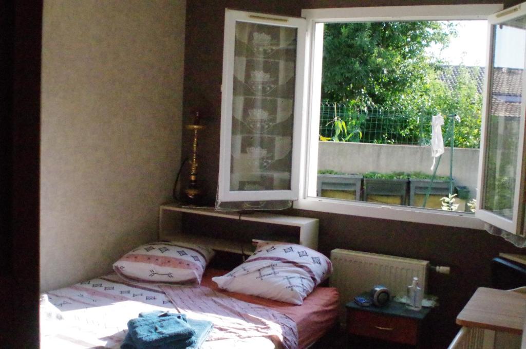 a bedroom with a bed with pillows and a window at Chambre chez l'habitant in Valence