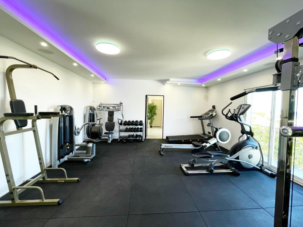 a gym with treadmills and machines in a room at Residence Canella in Sari Solenzara