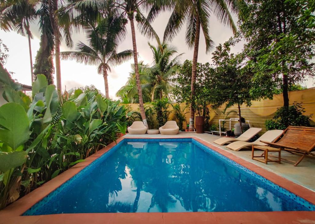a swimming pool with chairs and palm trees at Morocco Green Villa in Nagaon
