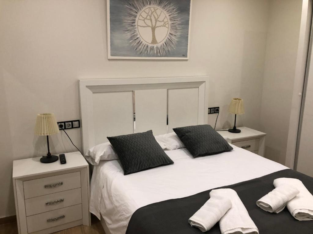 1 dormitorio con 1 cama blanca grande y 2 almohadas en Aptos. Paniagua, en Córdoba