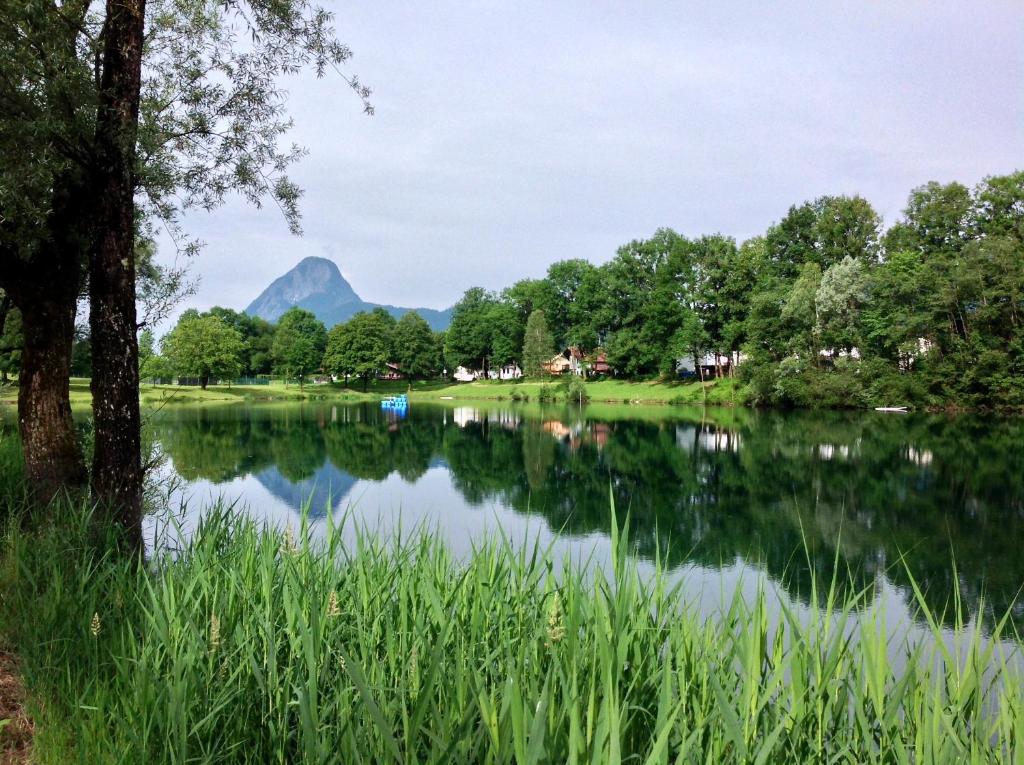 a view of a lake with a mountain in the background at Ferienwohnungen Reimer in Kiefersfelden