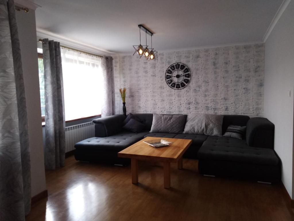 ein Wohnzimmer mit einem schwarzen Sofa und einem Tisch in der Unterkunft Apartamenty Kletówka in Krosno