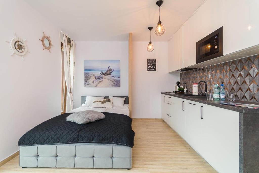 Kuchyň nebo kuchyňský kout v ubytování APARTAMENTY MIERZEJA - STEGNA PARK STUDIO, 500 m od plaży
