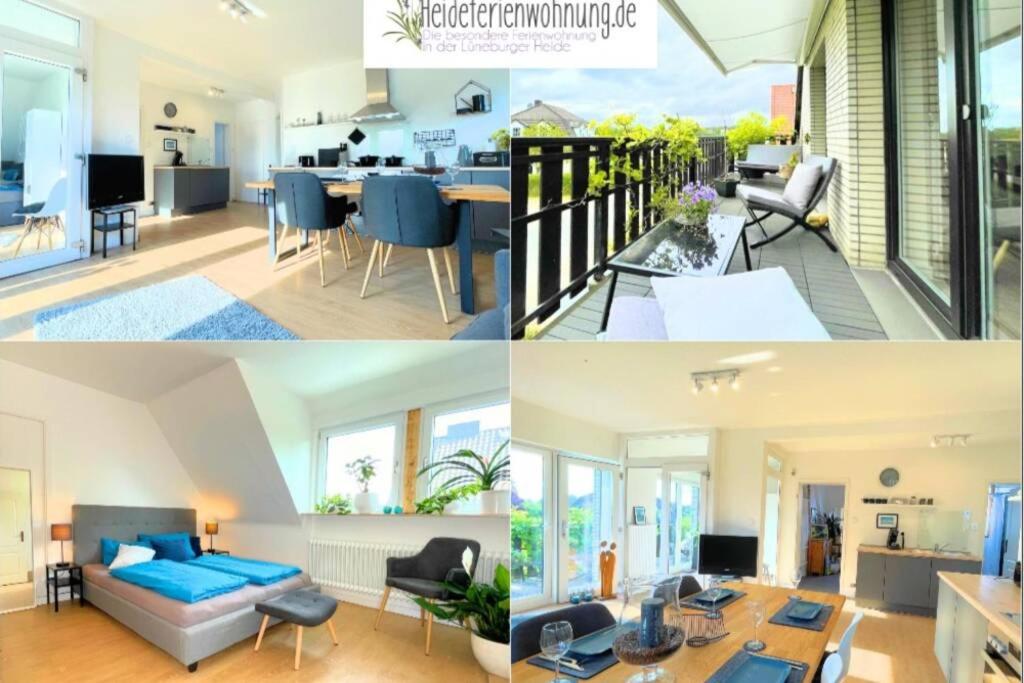 eine Collage mit Fotos von einem Wohnzimmer und einem Haus in der Unterkunft heideferienwohnung - die neue Ferienwohnung in Walsrode