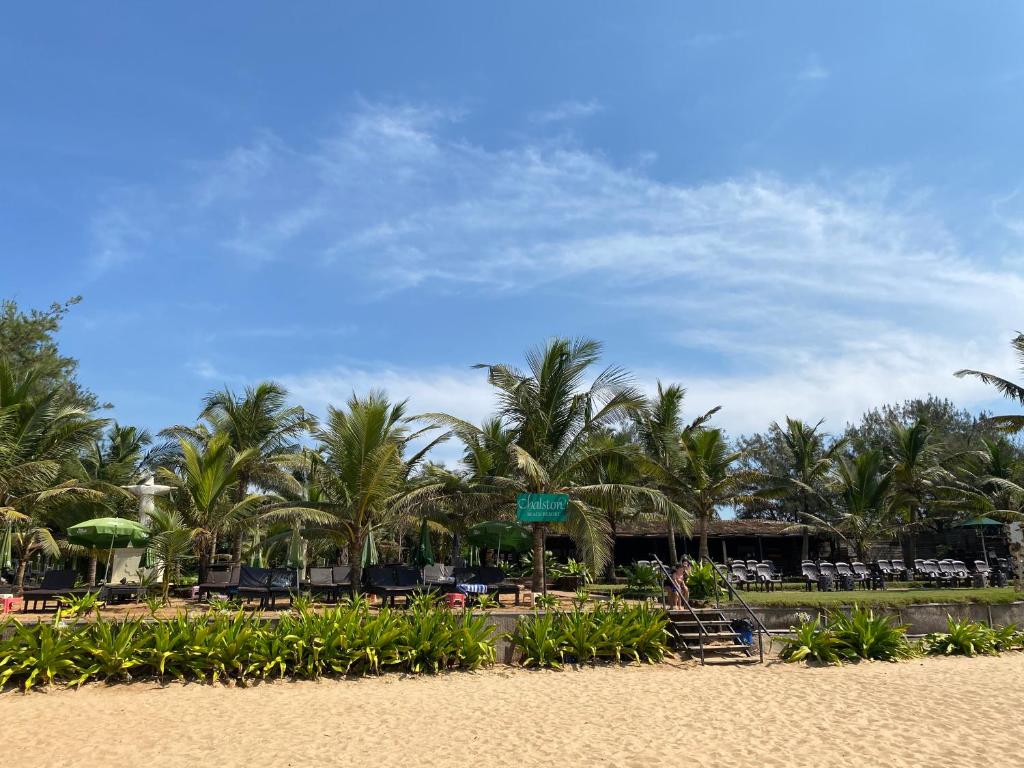
a beach with palm trees and palm trees at Chalston Beach Resort in Calangute
