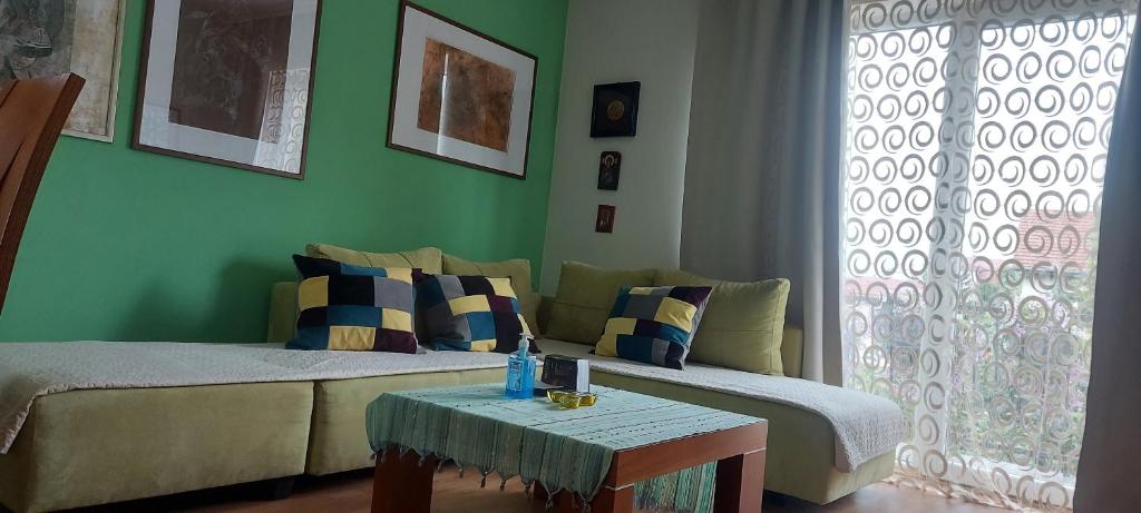 ein Wohnzimmer mit einem Sofa und einem Tisch in der Unterkunft Apartment Vladan in Kumanovo
