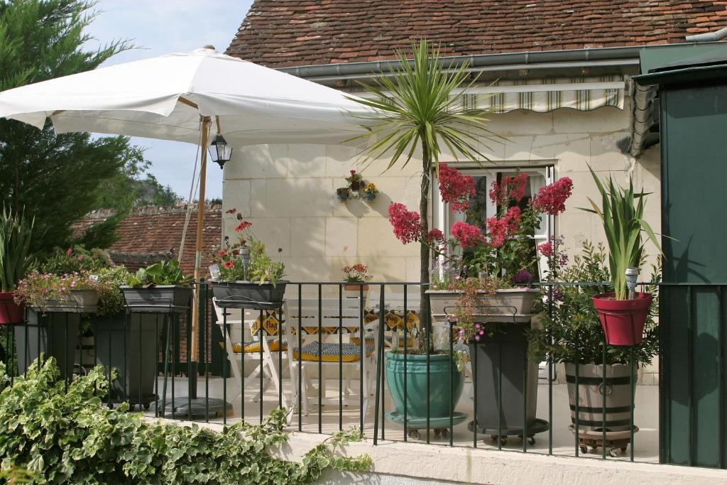 a fence with potted plants and an umbrella at Terre d'espérance in Saint-Aignan