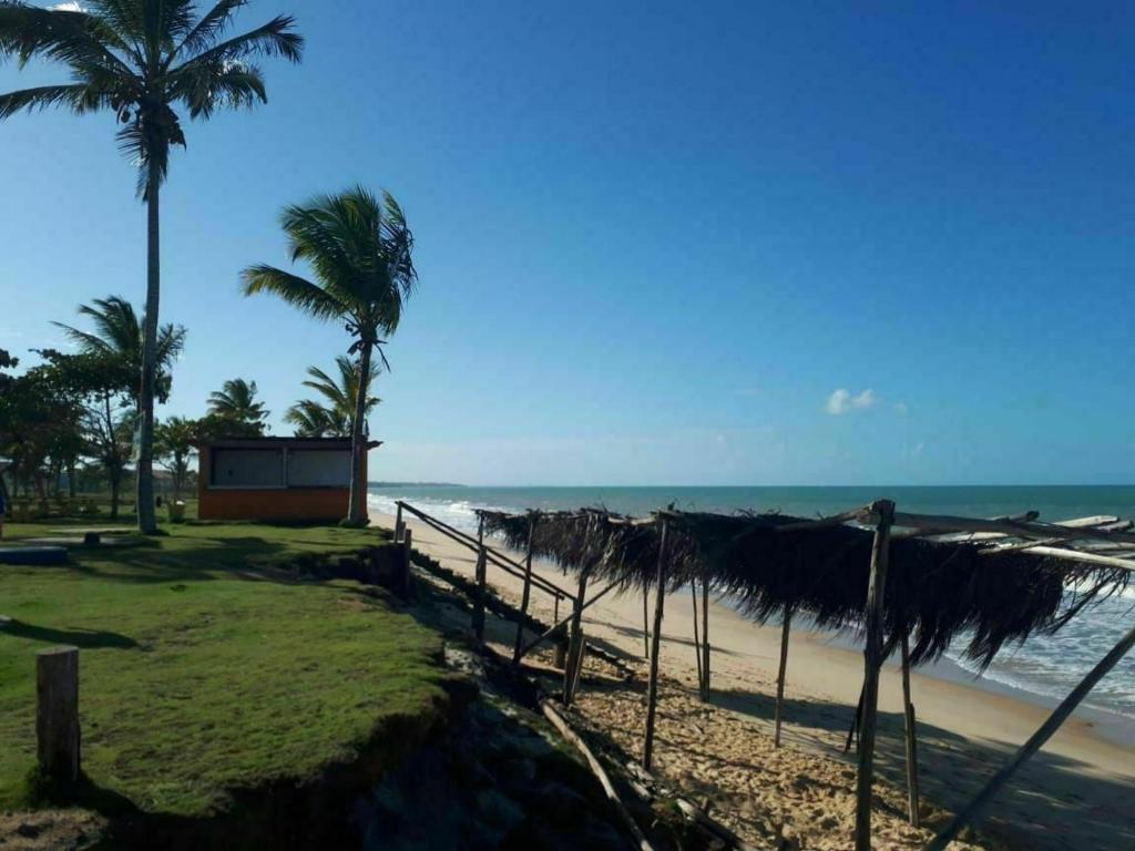 a sandy beach with palm trees and the ocean at Recanto Concha Marinha in Prado