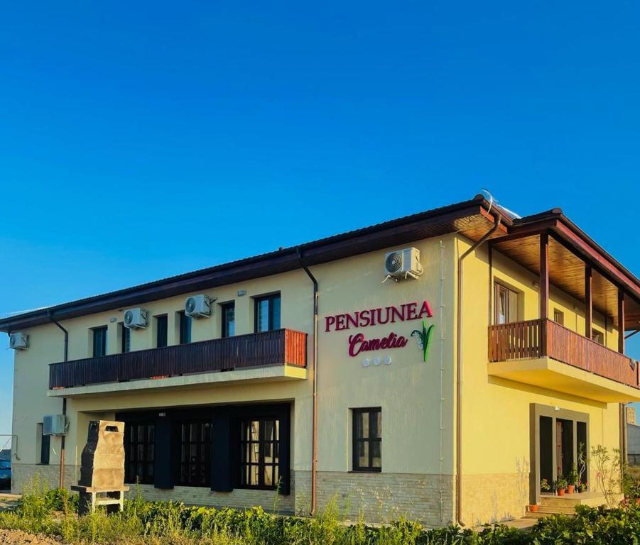 a building with a sign on the side of it at PENSIUNEA CAMELIA in Baia