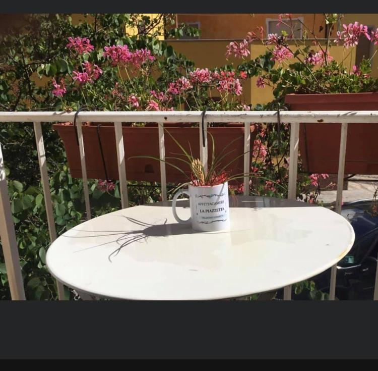 a coffee cup sitting on a table with a plant on it at La Piazzetta in Austis