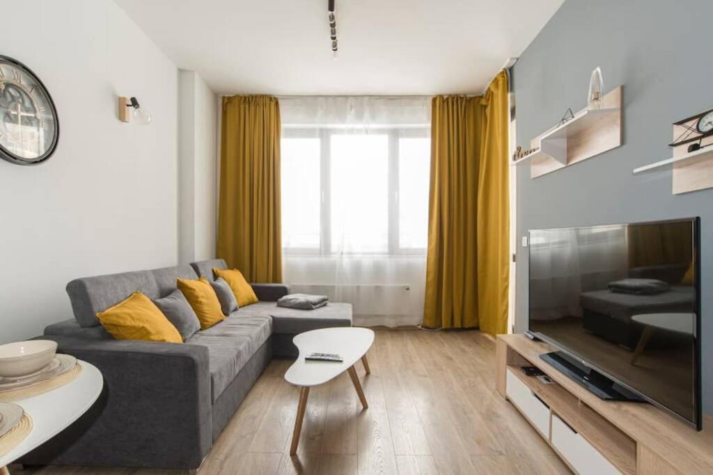Yellow Apart @ Vitosha, Sofia في صوفيا: غرفة معيشة مع أريكة رمادية ووسائد صفراء