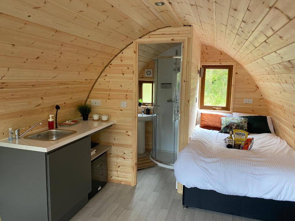 1 dormitorio con 1 cama y lavamanos en una habitación en Fernhill Valley Farm, en Blaencwm