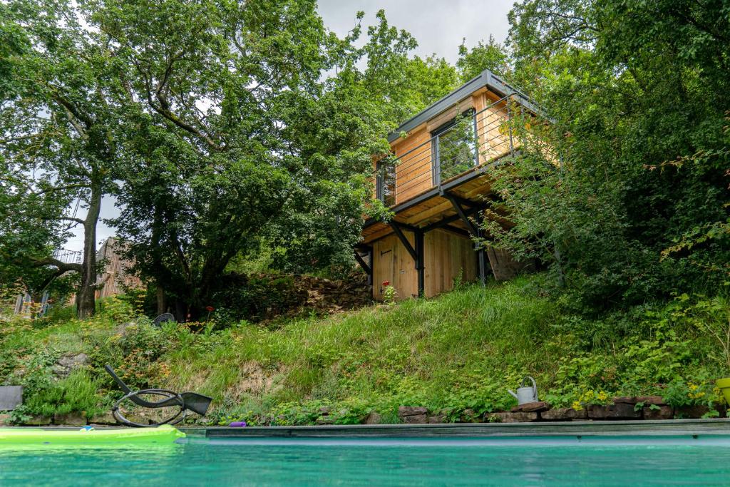 a house on a hill next to a swimming pool at Le Moonloft insolite Tiny-House dans les arbres & 1 séance de sauna pour 2 avec vue panoramique in Osenbach