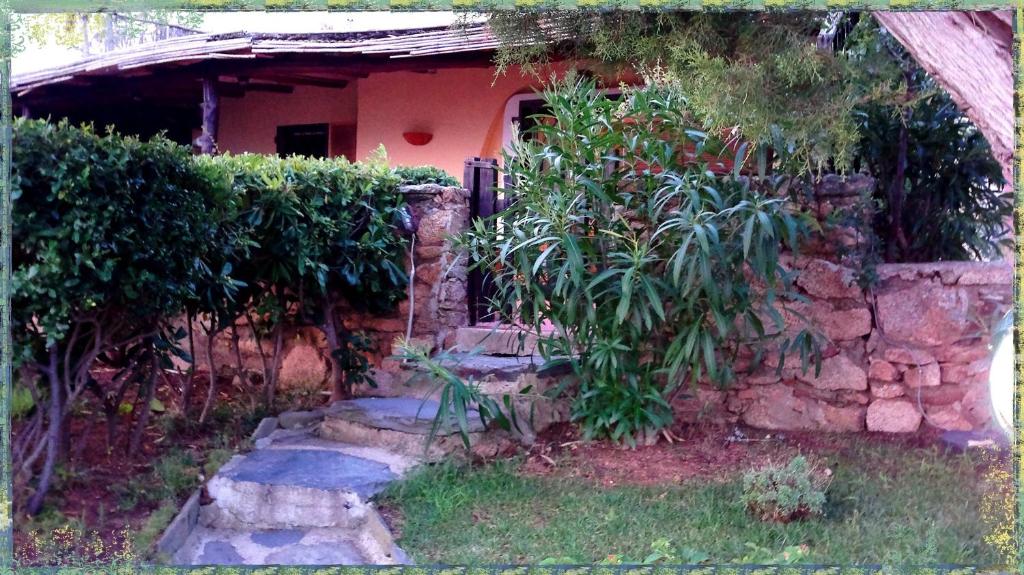 ポルト・チェルボにあるBeautiful Villa With Sea View to Porto Cervoの石壁と木のある小さな家
