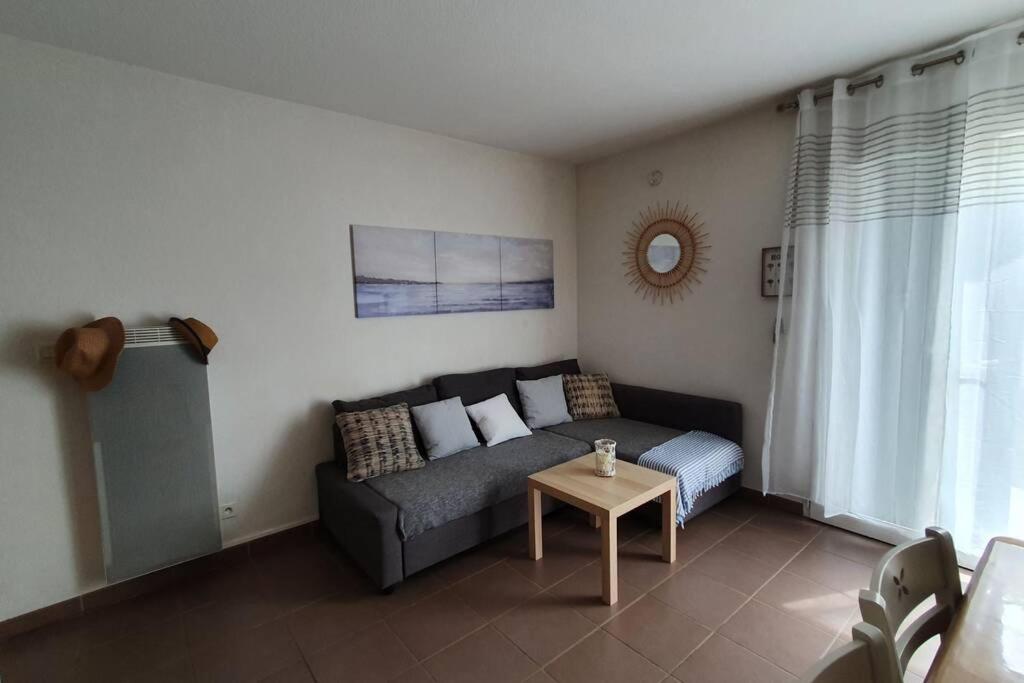 un salon avec un canapé et une table dans l'établissement Maison de vacances proche du canal du midi et de la mer, à Colombiers