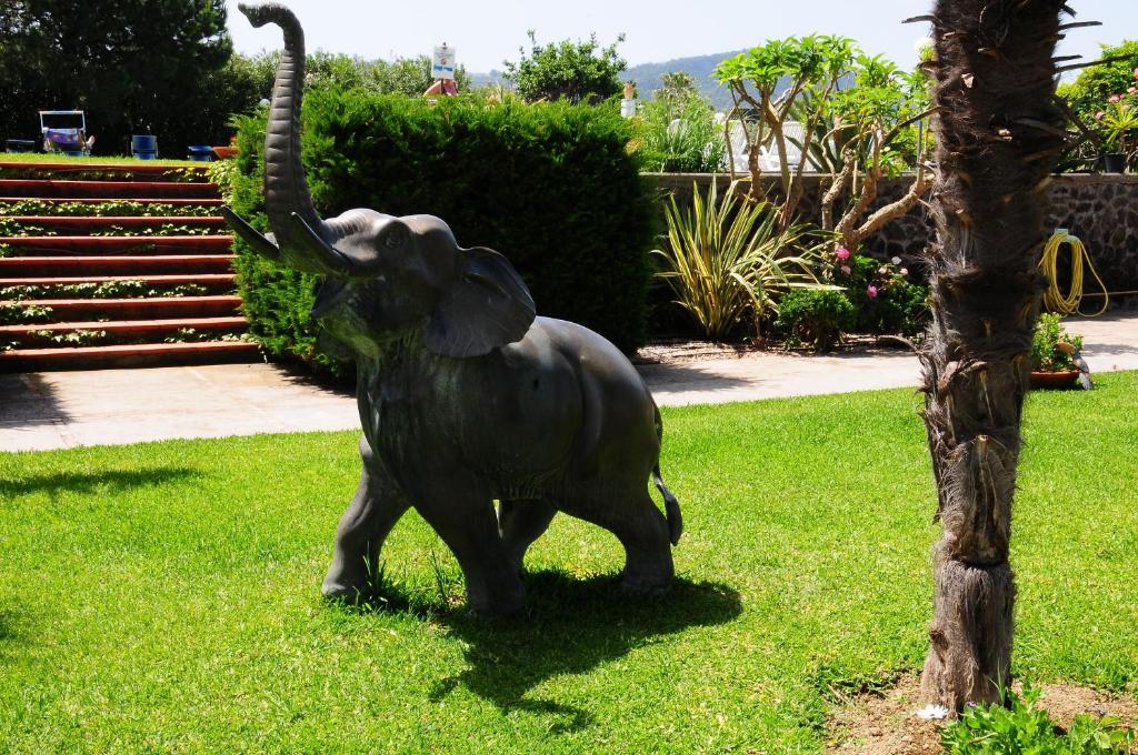 a statue of an elephant standing in the grass at Hotel Belsole in Ischia