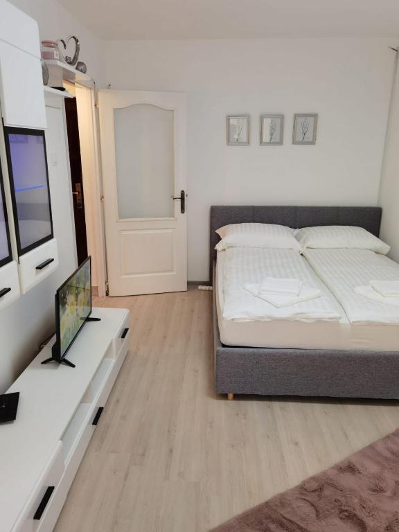 een slaapkamer met een bed en een tafel met een tv bij Focus Hun in Miercurea-Ciuc