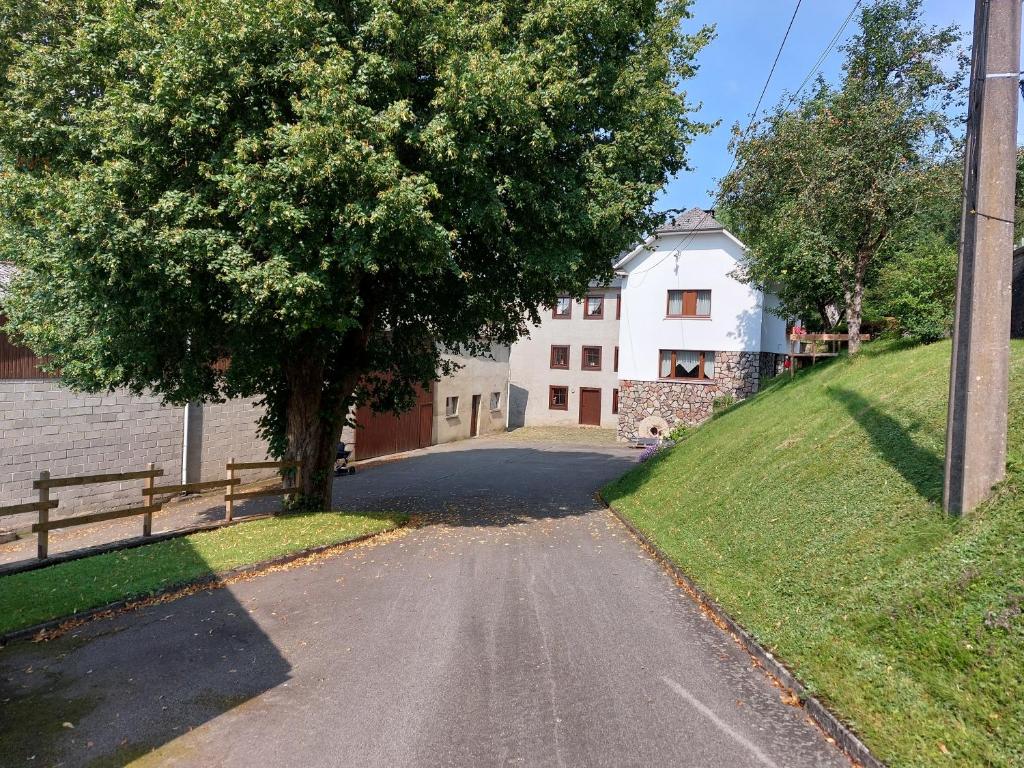 un albero sul ciglio di una strada con una casa di Ferienwohnung Setzer Mühle a Saint-Vith