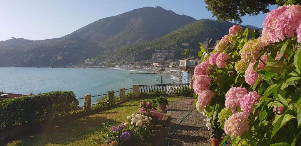 - une vue sur une plage avec des fleurs roses dans l'établissement VILLA TRAMONTO, à Levanto