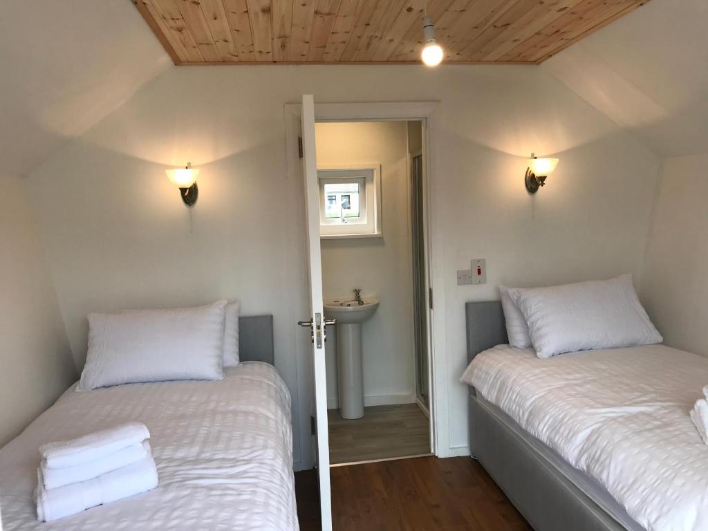two beds in a room with a sink and a mirror at Teach Greannai POD 2 Ensuite in Curraunboy