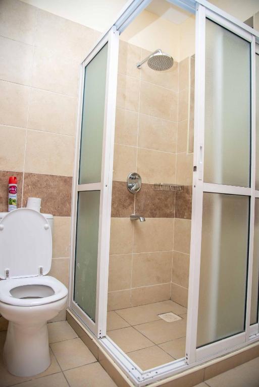 a bathroom with a shower with a toilet at Westlands place 1 bedroom - Safari House, Sherry Homes in Nairobi