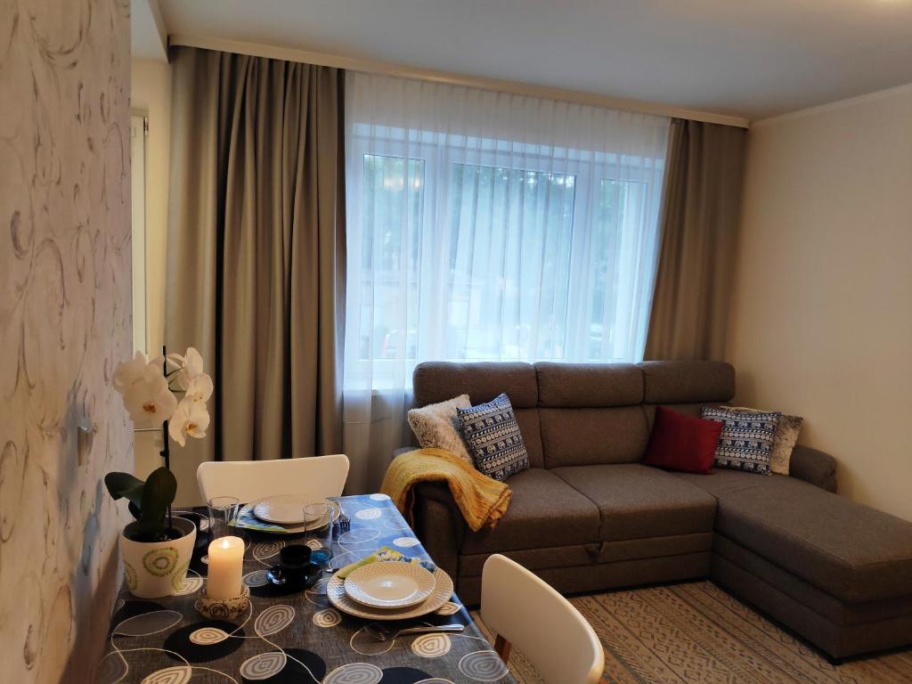 ein Wohnzimmer mit einem Sofa und einem Tisch in der Unterkunft Jakobi Guest Apartment in Tallinn